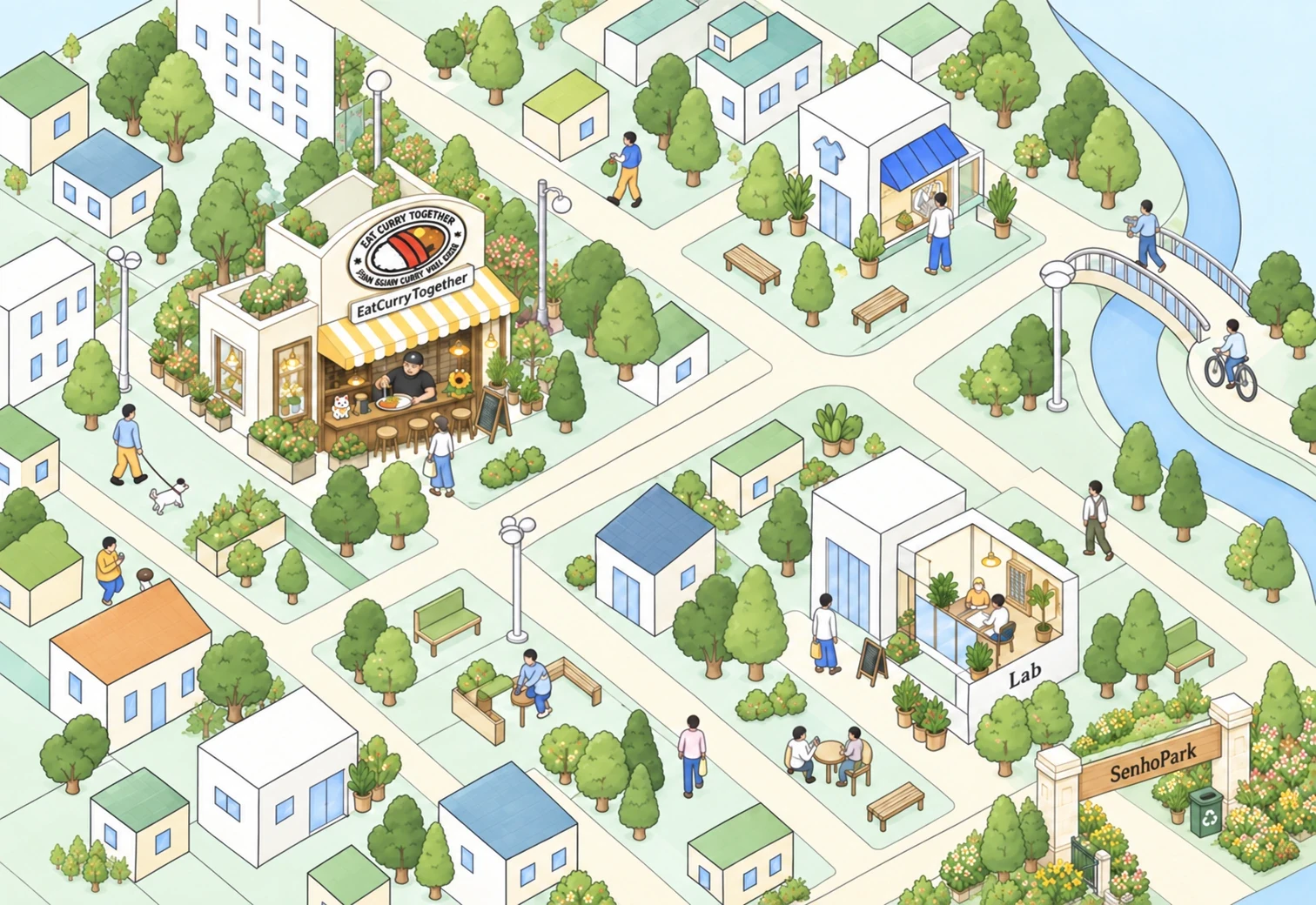 SenhoPark 園區地圖，咖哩作夥位於左上方，Lab 與 SenhoPark 入口位於右下方，步道連接店家、綠地與河岸