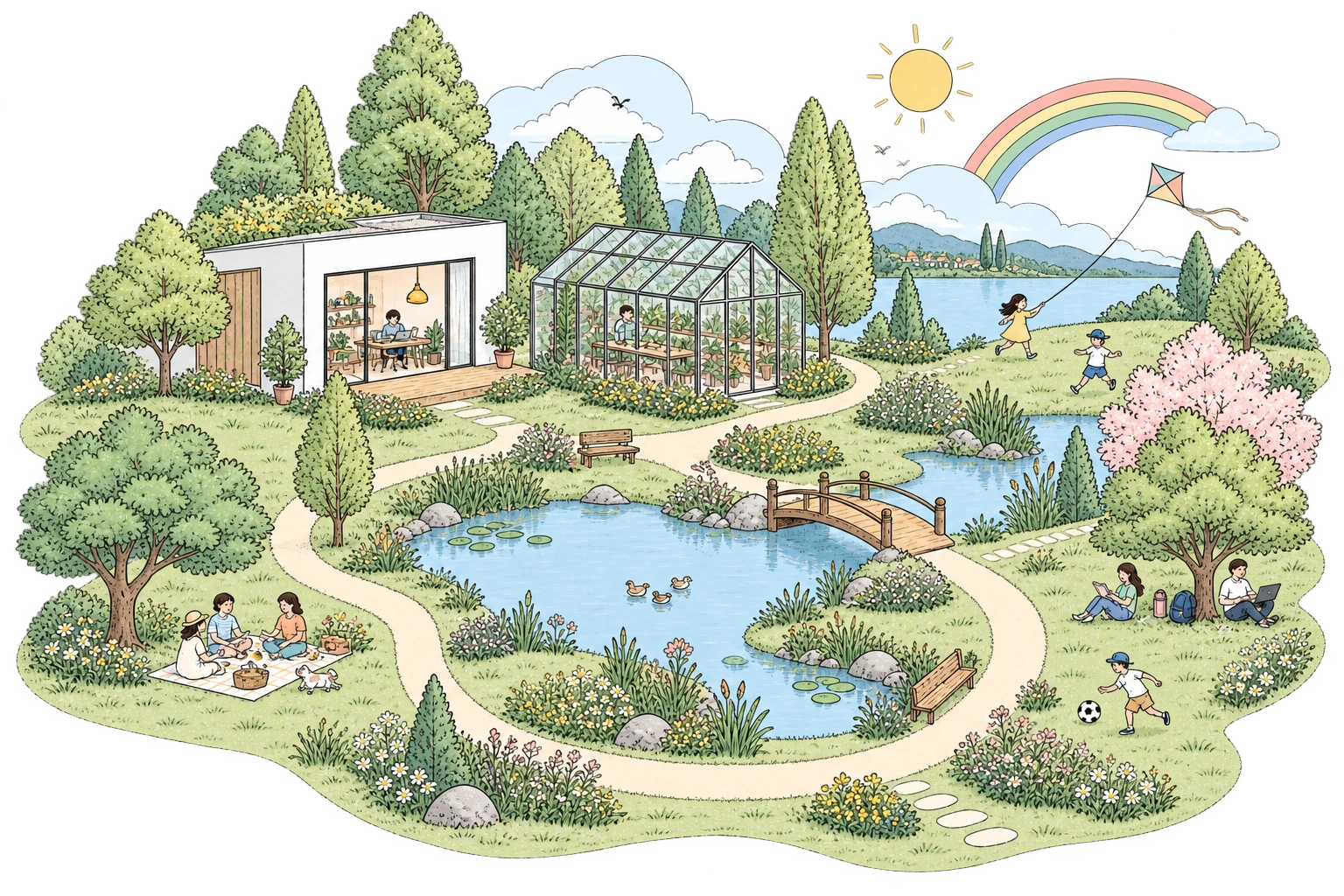 細黑線綠意公園插畫：白色工作室與玻璃溫室、小橋池塘和蜿蜒步道，人們野餐、閱讀、使用電腦，孩子玩球與放風箏，天空映著太陽和彩虹。